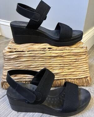 Malu Super Comfort Women's Wedge Sandals Black Stretch Knit Strap Size 10 Brazil